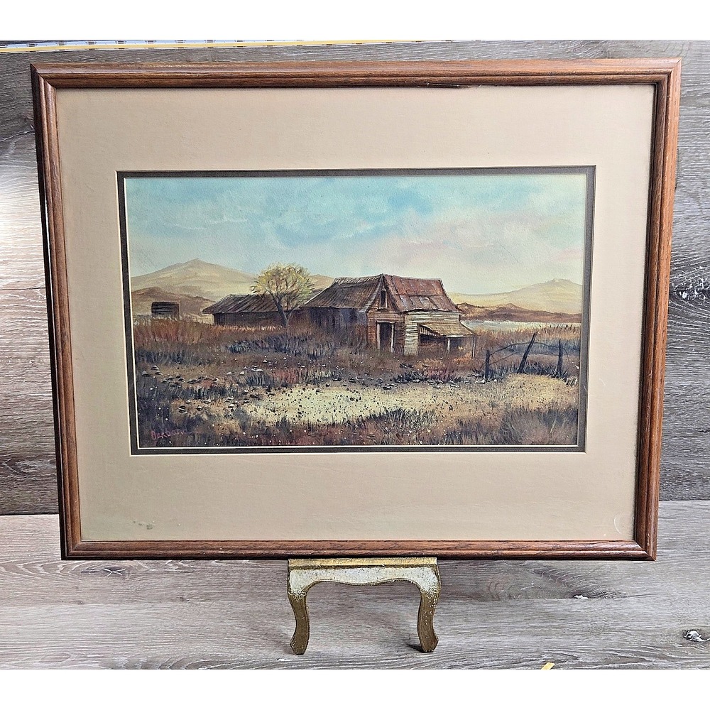 Signed Watercolor Painting Wood Frame Rustic Cabin Landscape Art 17x21 Barbra